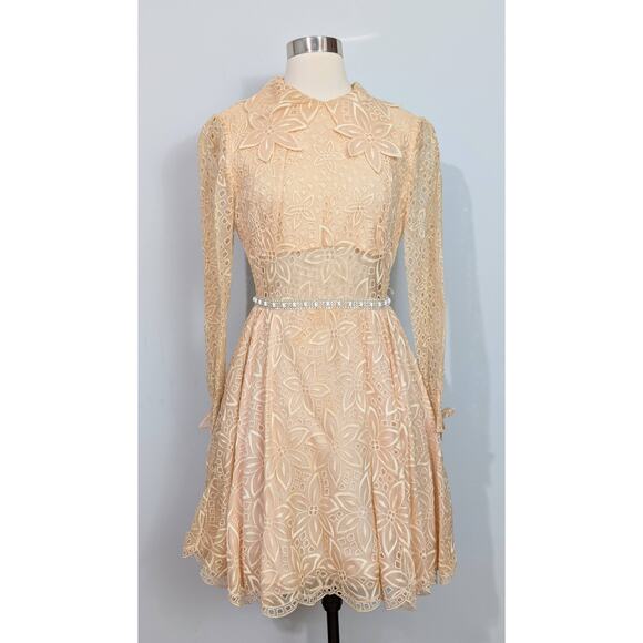 50s/60s Lace Midriff Dress with Rhinestone Waist - Picture 2 of 6
